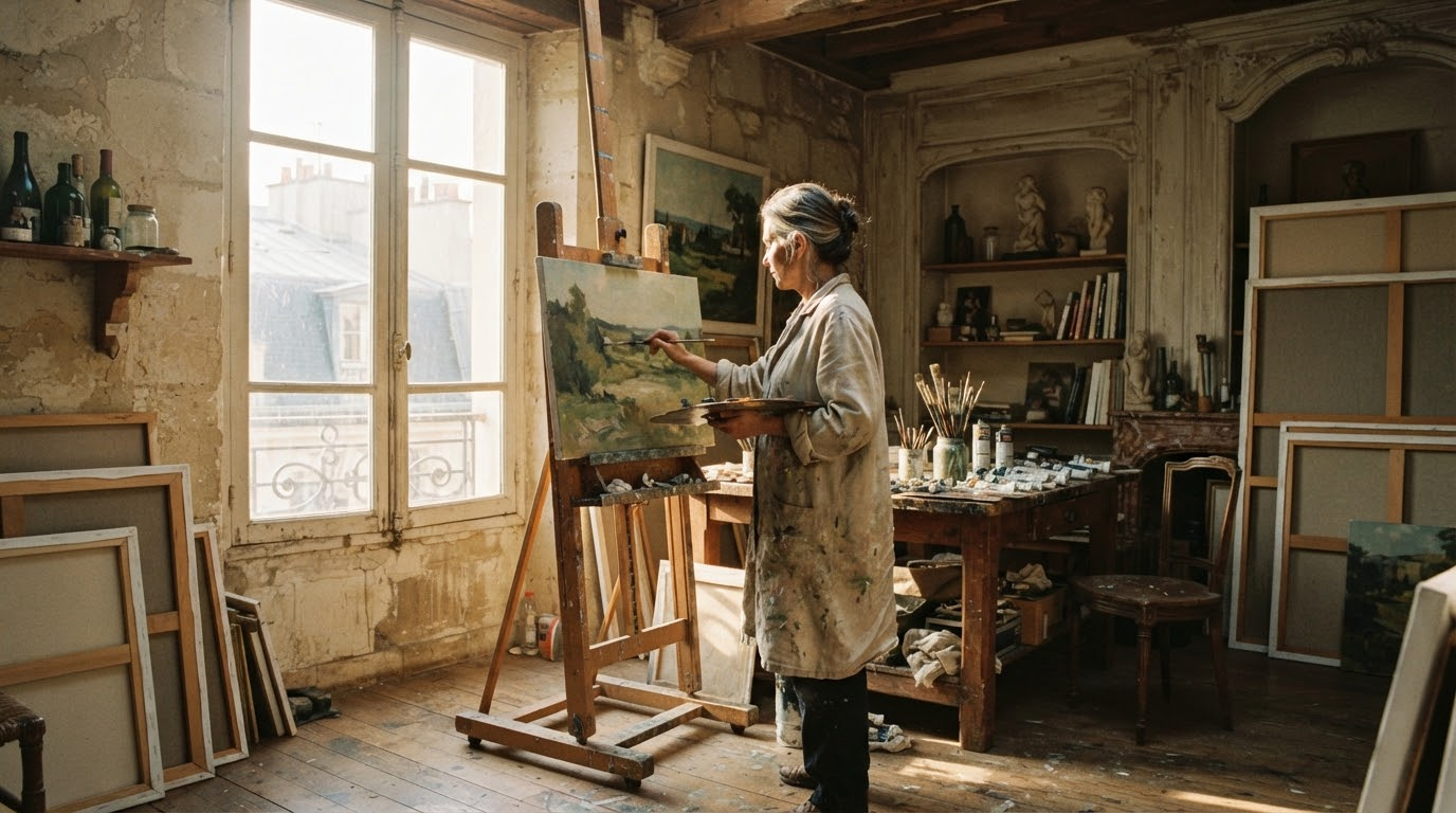 A painter at work in an old European studio, sunlight across the floor.
