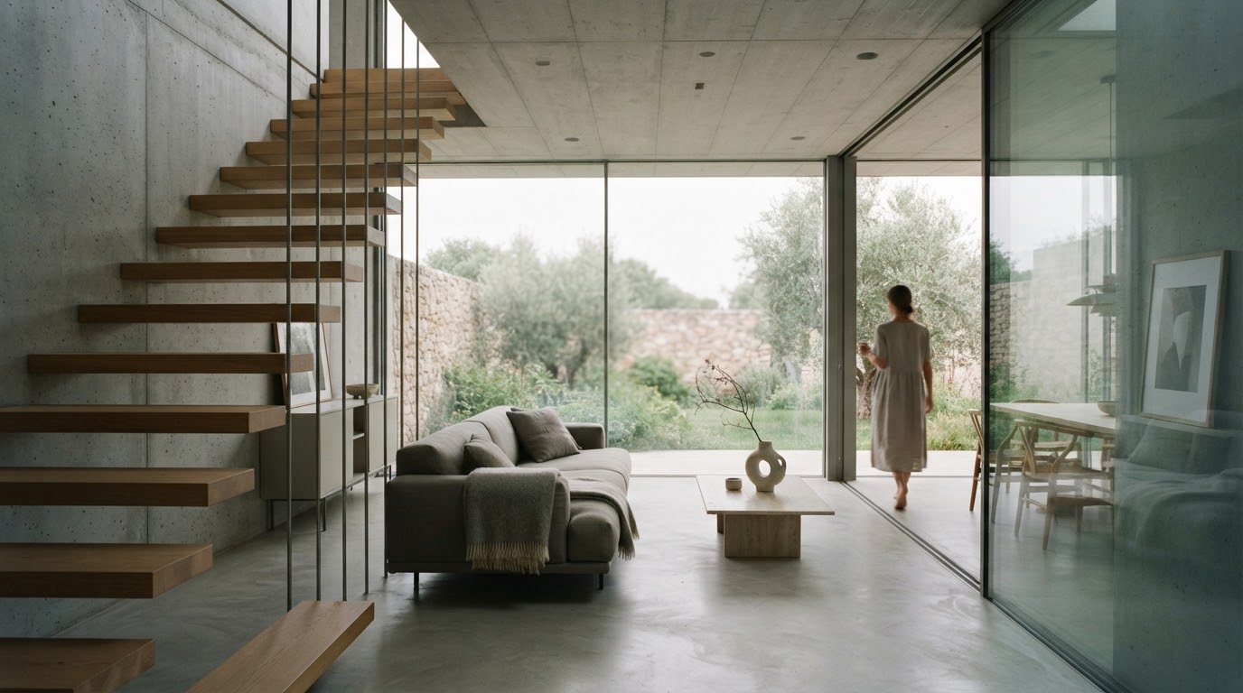 A minimalist European interior in concrete and glass, soft daylight.
