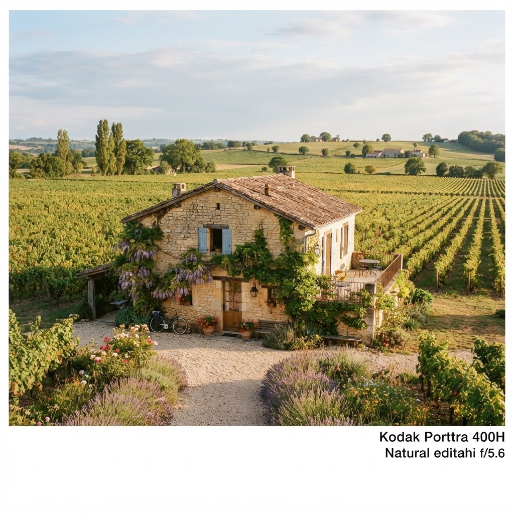 A stone house in the Bordeaux countryside, vineyard rows behind it in afternoon light.