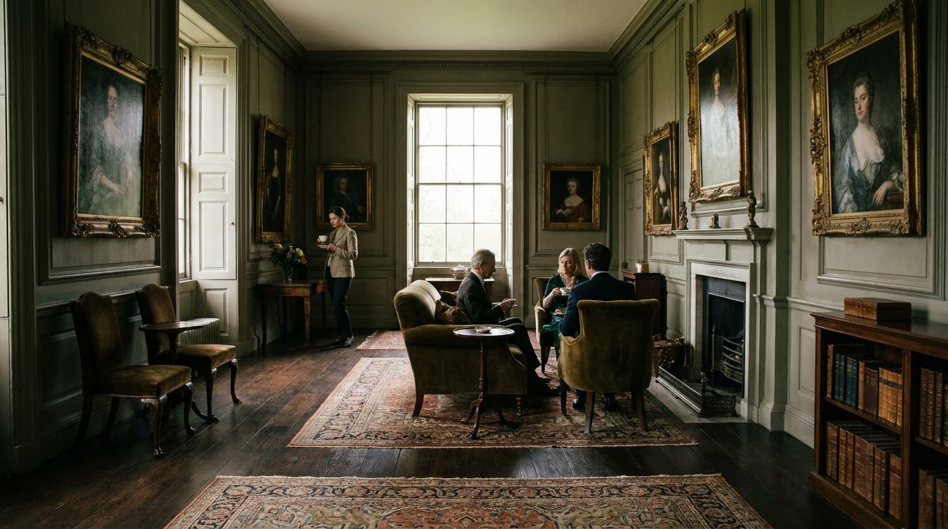 A private art viewing room in a European estate, low light on dark wooden floors.