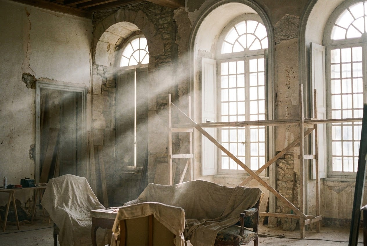 A French chateau under restoration, scaffolding against the stone facade.