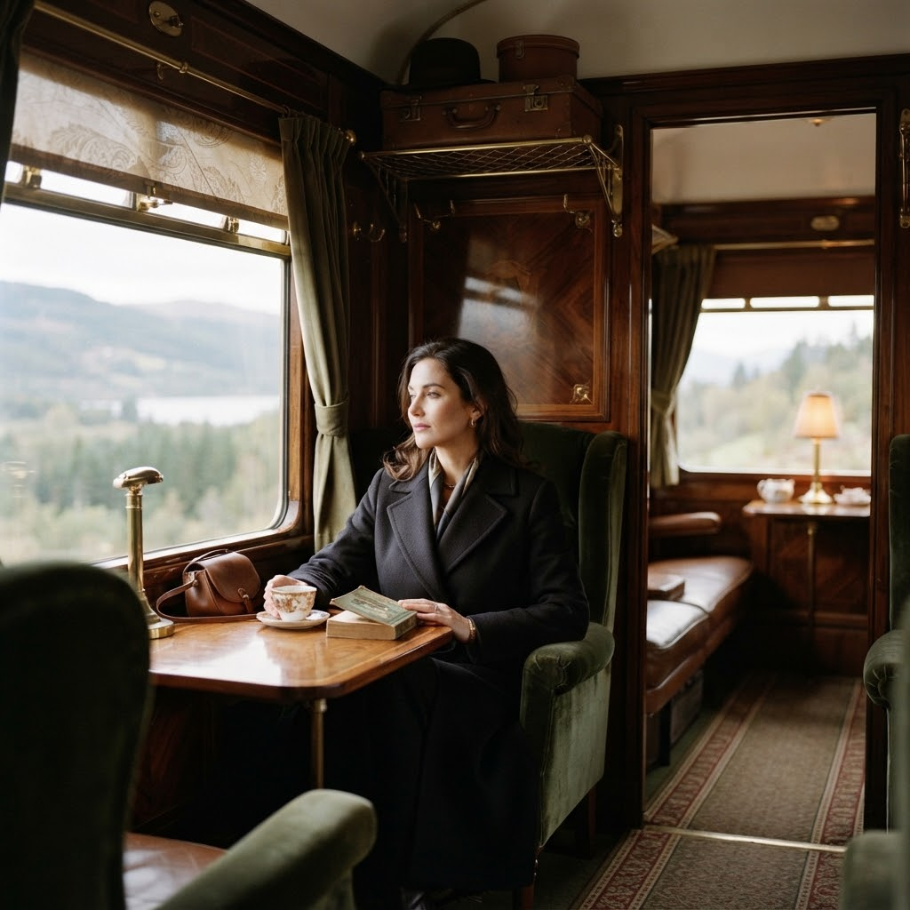 The wood-panelled interior of a vintage train carriage, light through the window.